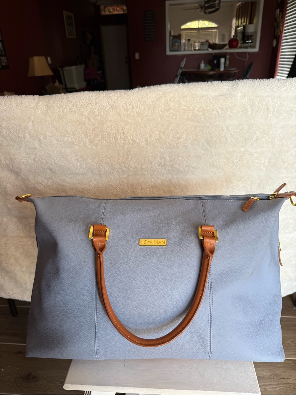 Joy & Iman Powder Blue Travel Tote with Tan Handles